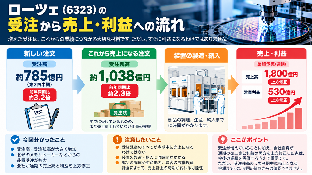 ローツェ(6323)の半導体関連装置の受注から売上・利益までの流れ。第2四半期受注高約785億円、受注残高約1,038億円、通期売上高予想1,800億円、営業利益予想530億円を示す図解。