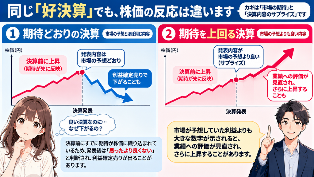 決算前に株価が上昇していても、市場の期待どおりの決算では利益確定売りが出る場合がある一方、期待を上回る決算では評価が見直され、さらに上昇する場合があることを比較した図解。