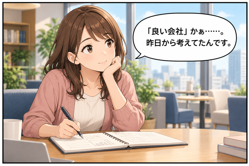 良い会社とは何かをノートを見ながら考えるあかりさん