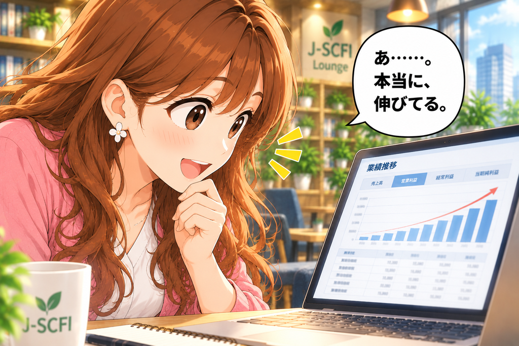 会社の情報から利益の伸びを自分で確認するあかりさん