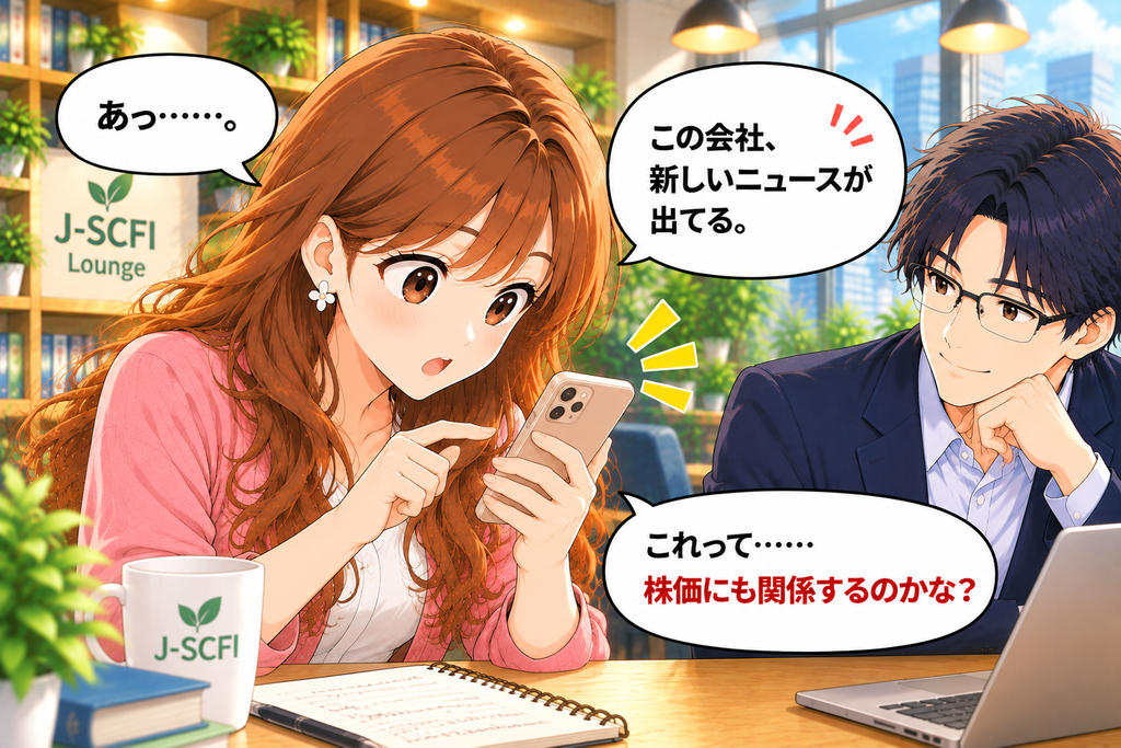 スマートフォンで気になる会社の新しいニュースを見つけるあかりさん