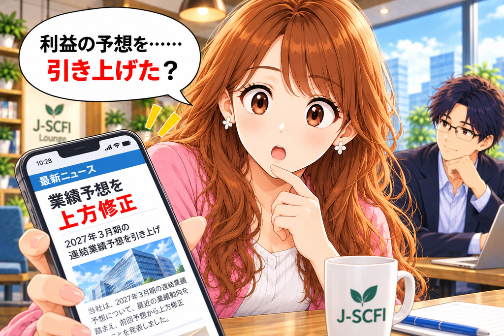 会社が利益予想を引き上げたニュースを読み、「利益が増えそうってこと?」と考えるあかりさん