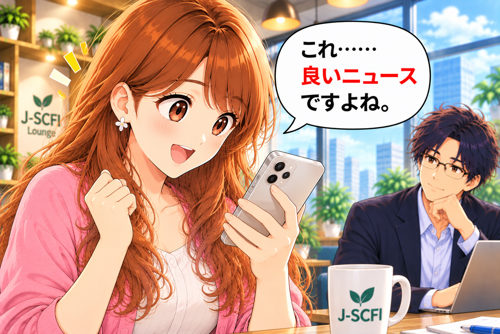 利益予想の引き上げを見て「これ……良いニュースですよね」と考え、株価への影響を想像するあかりさん