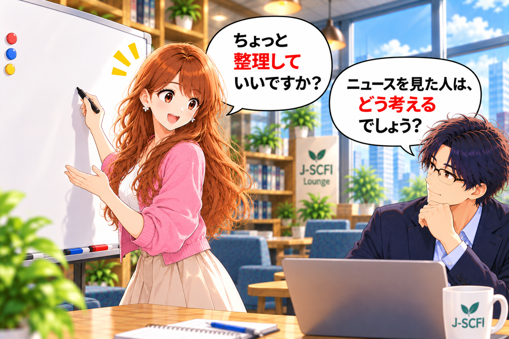 ホワイトボードの前に立つあかりさんに、J-SCFI先輩が「ニュースを見た人は、どう考えるでしょう?」と問いかける場面