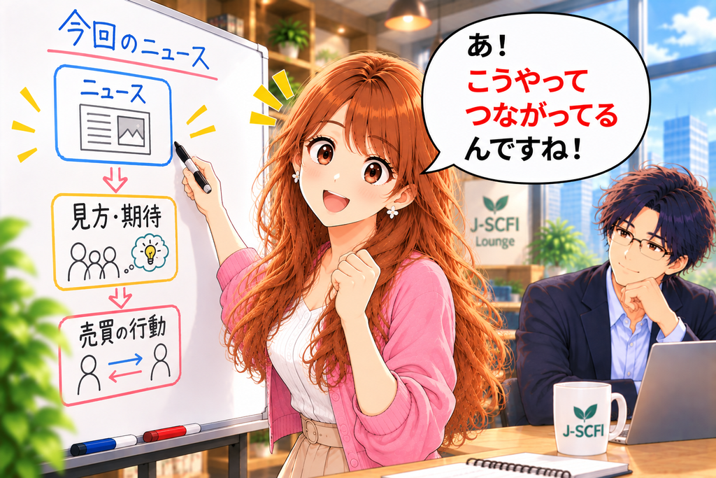 ニュースから会社への見方、売買の行動へとつながることに気づき、「あ!こうやってつながってるんですね!」と喜ぶあかりさん