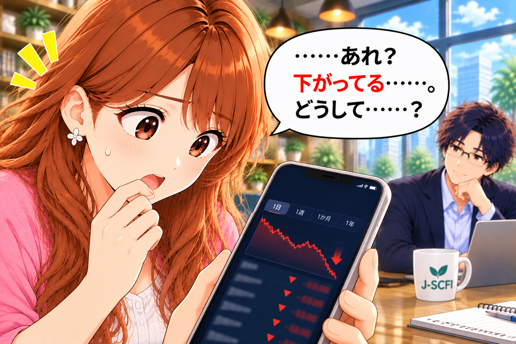 良さそうなニュースの後に株価が下がっている画面を見て、「どうして……?」と戸惑うあかりさん