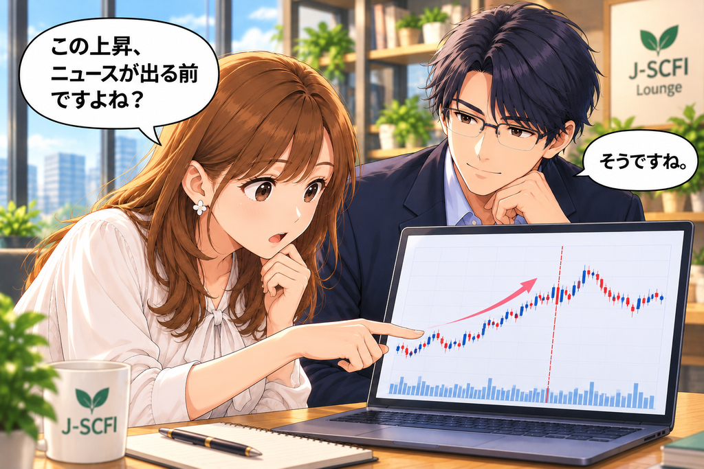 あかりがノートパソコンの株価チャートを指さし、発表前の値動きを先輩に尋ねる場面