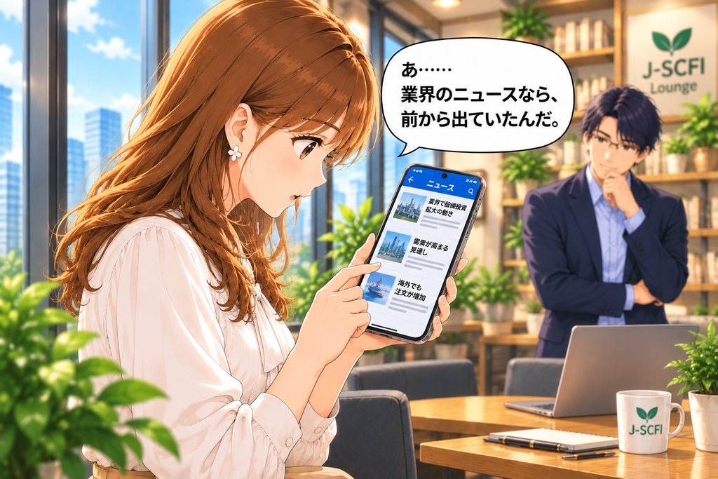 あかりがスマートフォンで過去の業界ニュースを調べ、手がかりを見つける場面