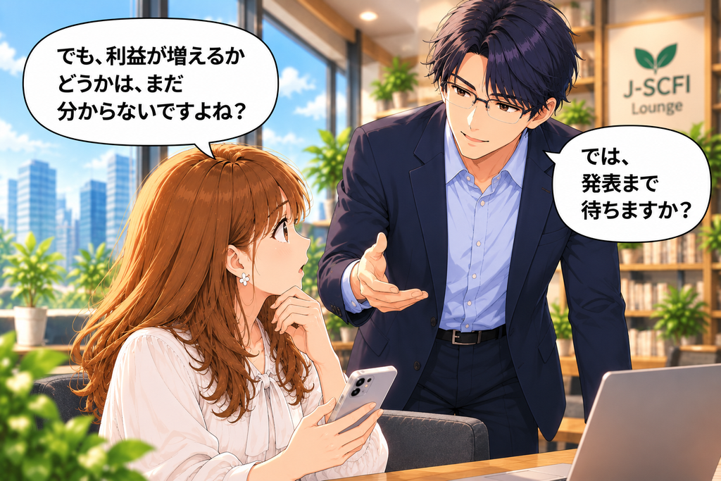 スマートフォンを持つあかりに、先輩が発表まで待つかどうか問いかける場面