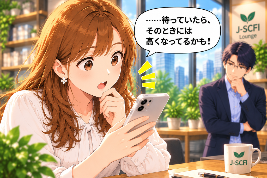 あかりがスマートフォンを見ながら、発表を待つ間に株価が変わる可能性に気づく場面