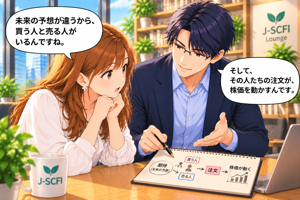 あかりと先輩がノートを囲み、投資家の予想と売買注文のつながりを考える場面