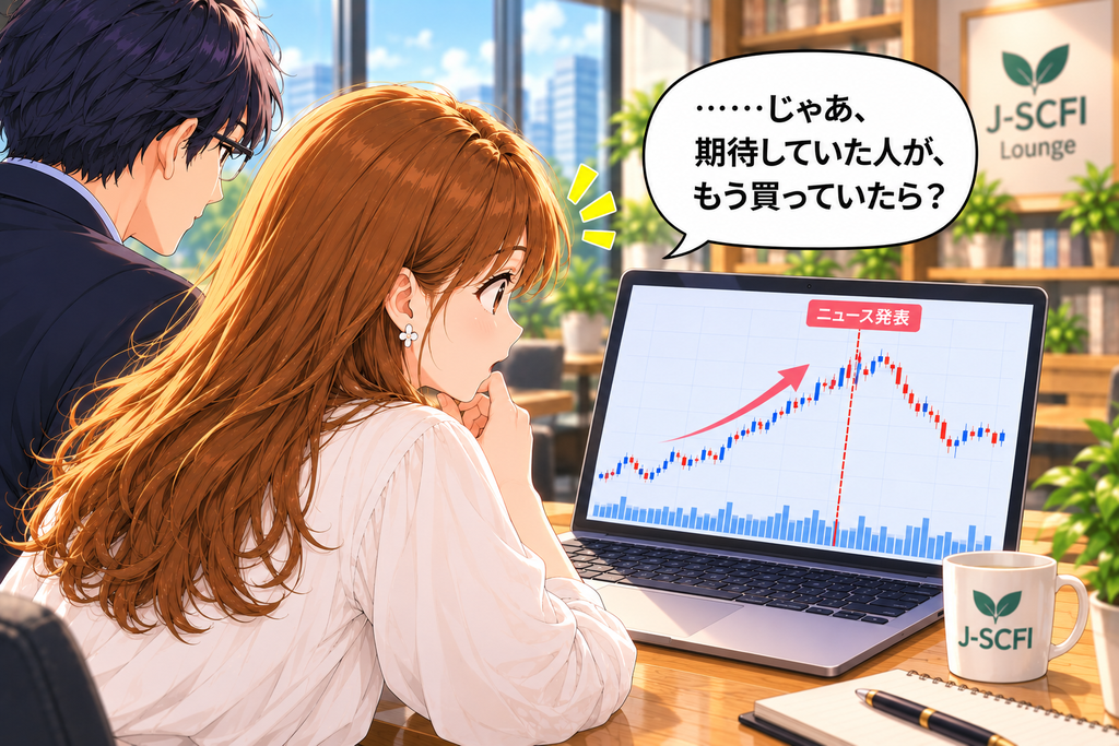 あかりがニュース発表前後の株価チャートを見て、新たな疑問を抱く場面